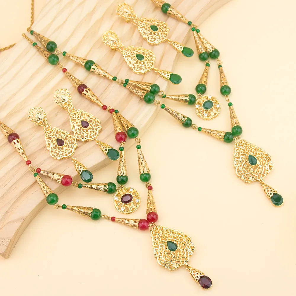 Lalla – Parure Collier Double Rang Perles Marocaines & Boucles Dorées | FancyFez