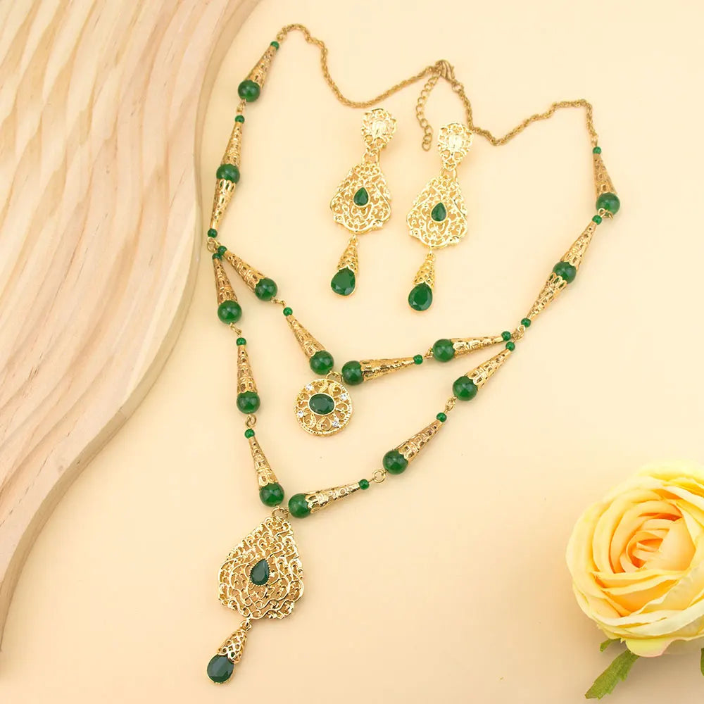 Lalla – Parure Collier Double Rang Perles Marocaines & Boucles Dorées | FancyFez