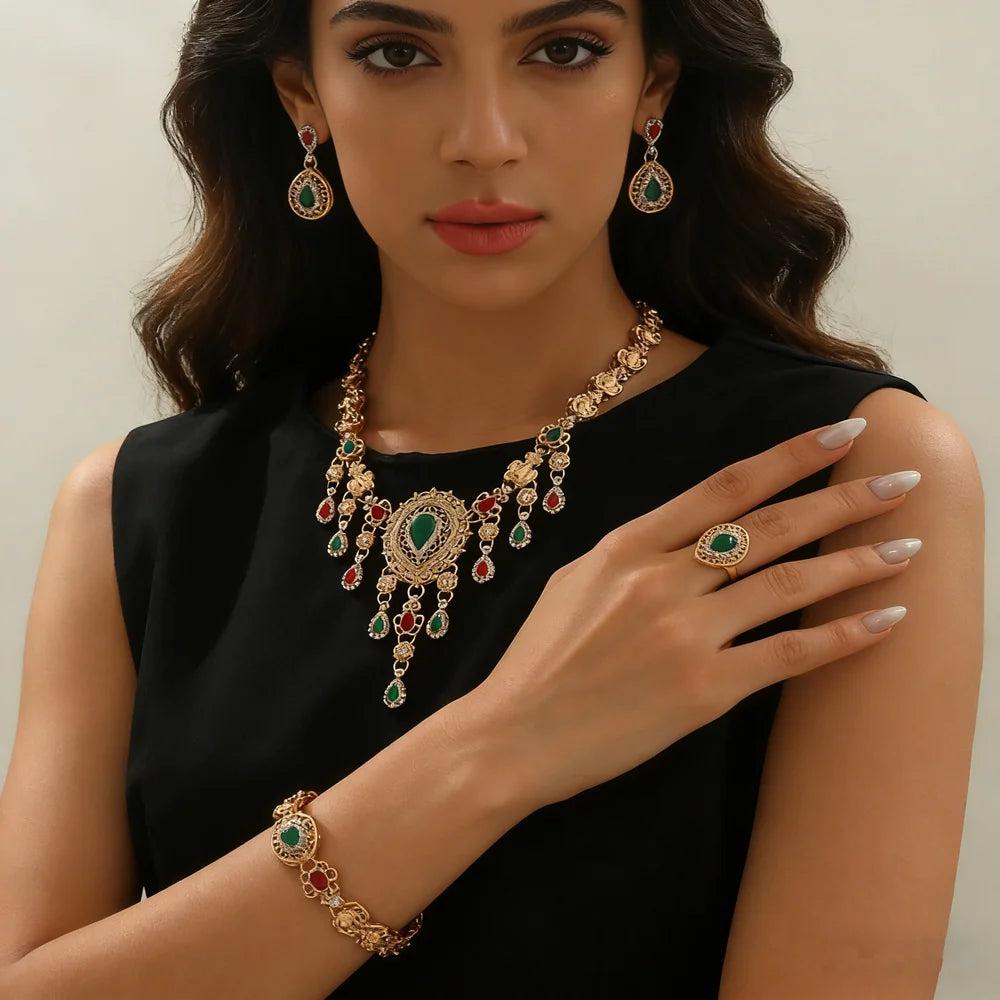 Sultana Royale – Parure Mariage 4 Pièces Pierres Rouges & Vertes | FancyFez