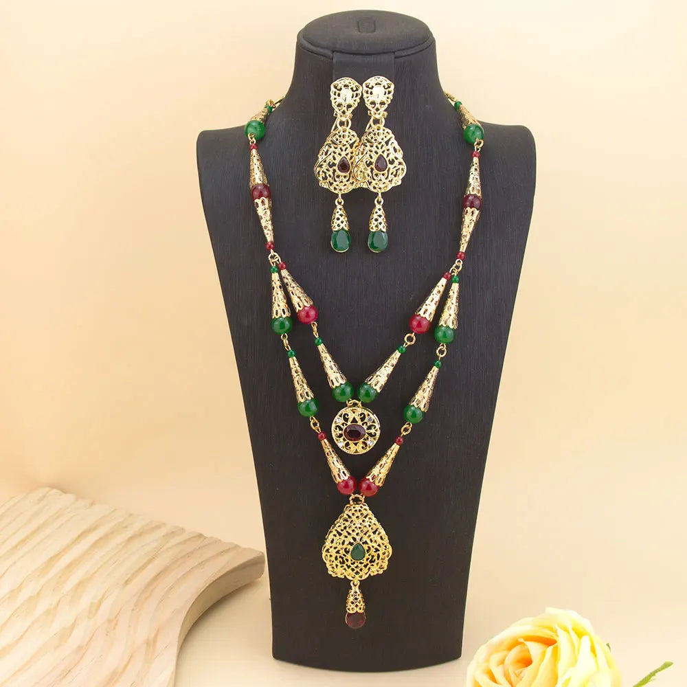 Lalla – Parure Collier Double Rang Perles Marocaines & Boucles Dorées | FancyFez