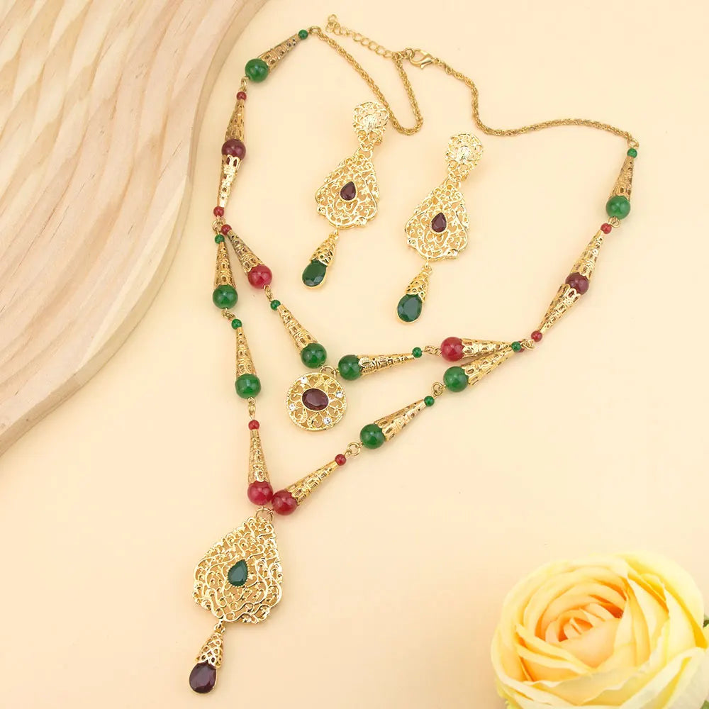 Lalla – Parure Collier Double Rang Perles Marocaines & Boucles Dorées | FancyFez