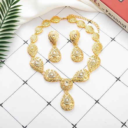 Yasmine – Parure 3 Pièces Collier Pendentif Goutte Verte Dorée | FancyFez