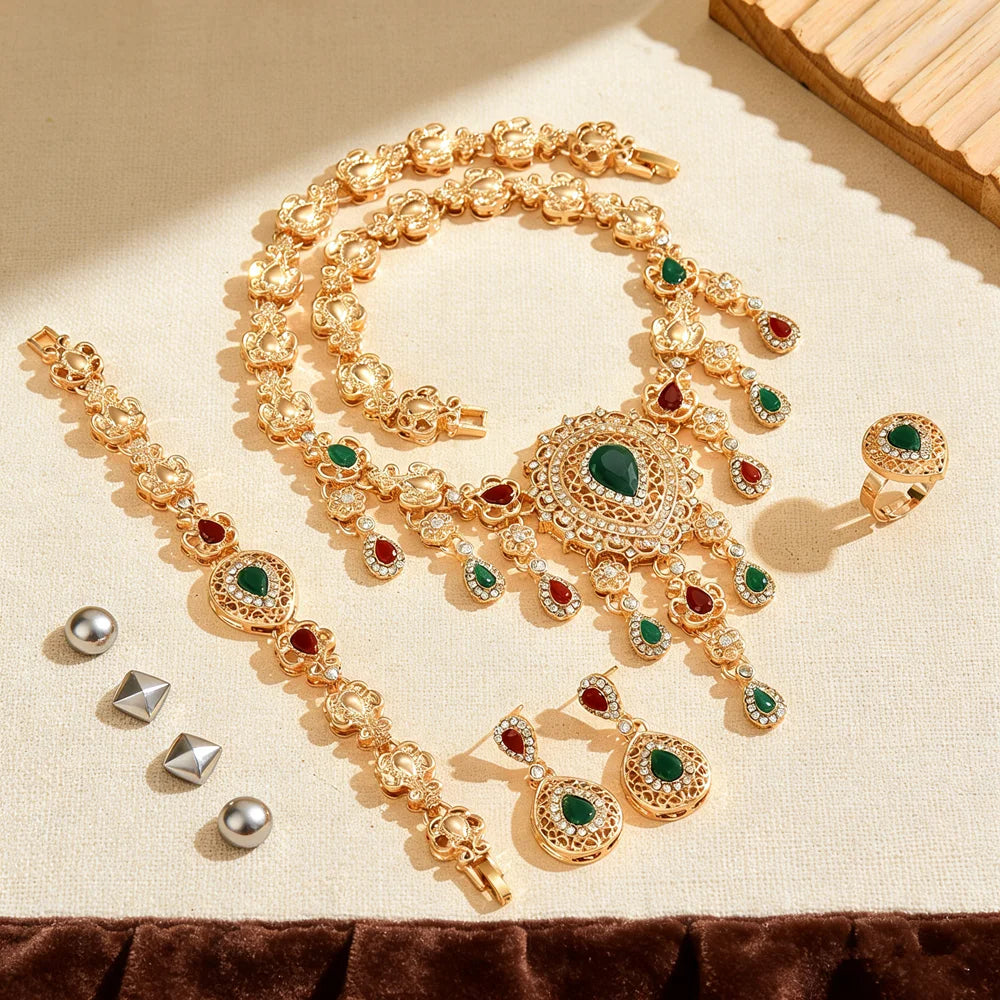 Sultana Royale – Parure Mariage 4 Pièces Pierres Rouges & Vertes | FancyFez