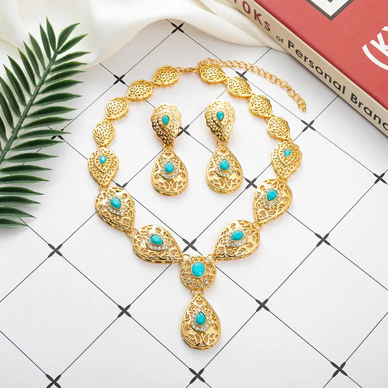 Yasmine – Parure 3 Pièces Collier Pendentif Goutte Verte Dorée | FancyFez