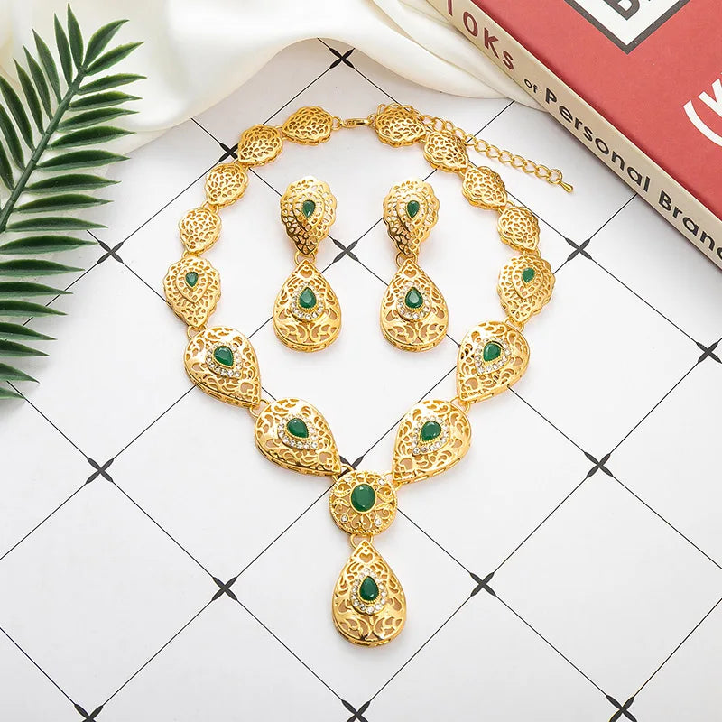 Yasmine – Parure 3 Pièces Collier Pendentif Goutte Verte Dorée | FancyFez