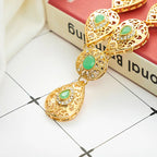 Yasmine – Parure 3 Pièces Collier Pendentif Goutte Verte Dorée | FancyFez