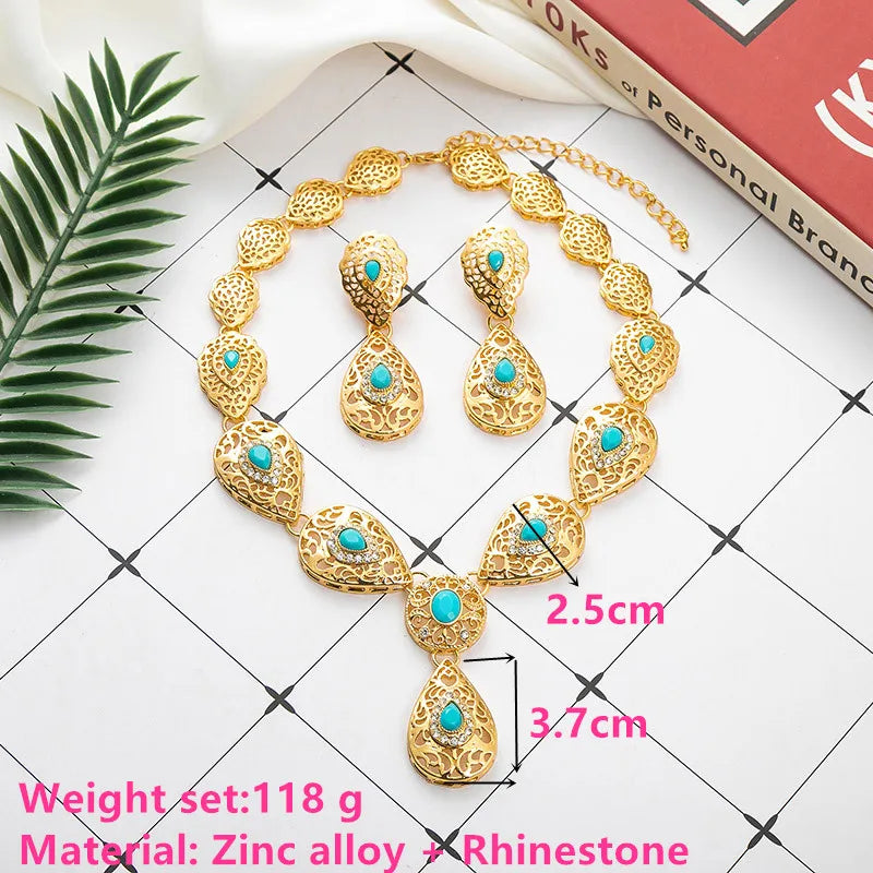Yasmine – Parure 3 Pièces Collier Pendentif Goutte Verte Dorée | FancyFez